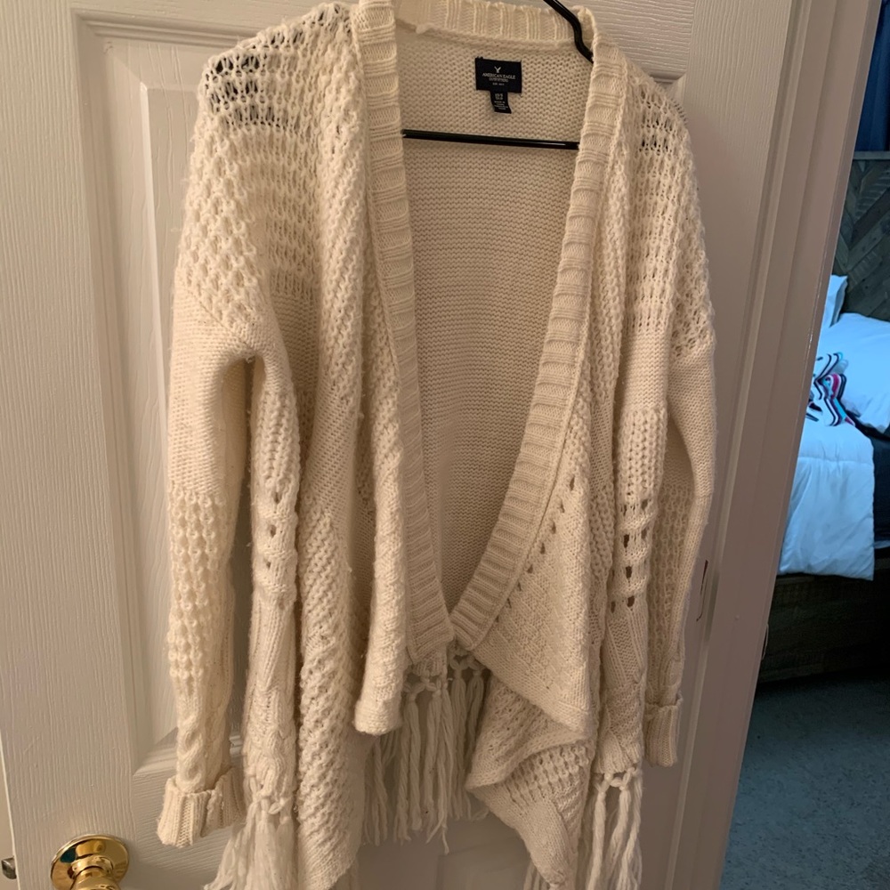 American Eagle fringe cream cardigan XS